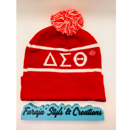 Delta Sigma Theta Junk Red/ White Pom Pom Beanie | Patched, Pinned, Stoned & Pearled | Custom DST Winter Hat