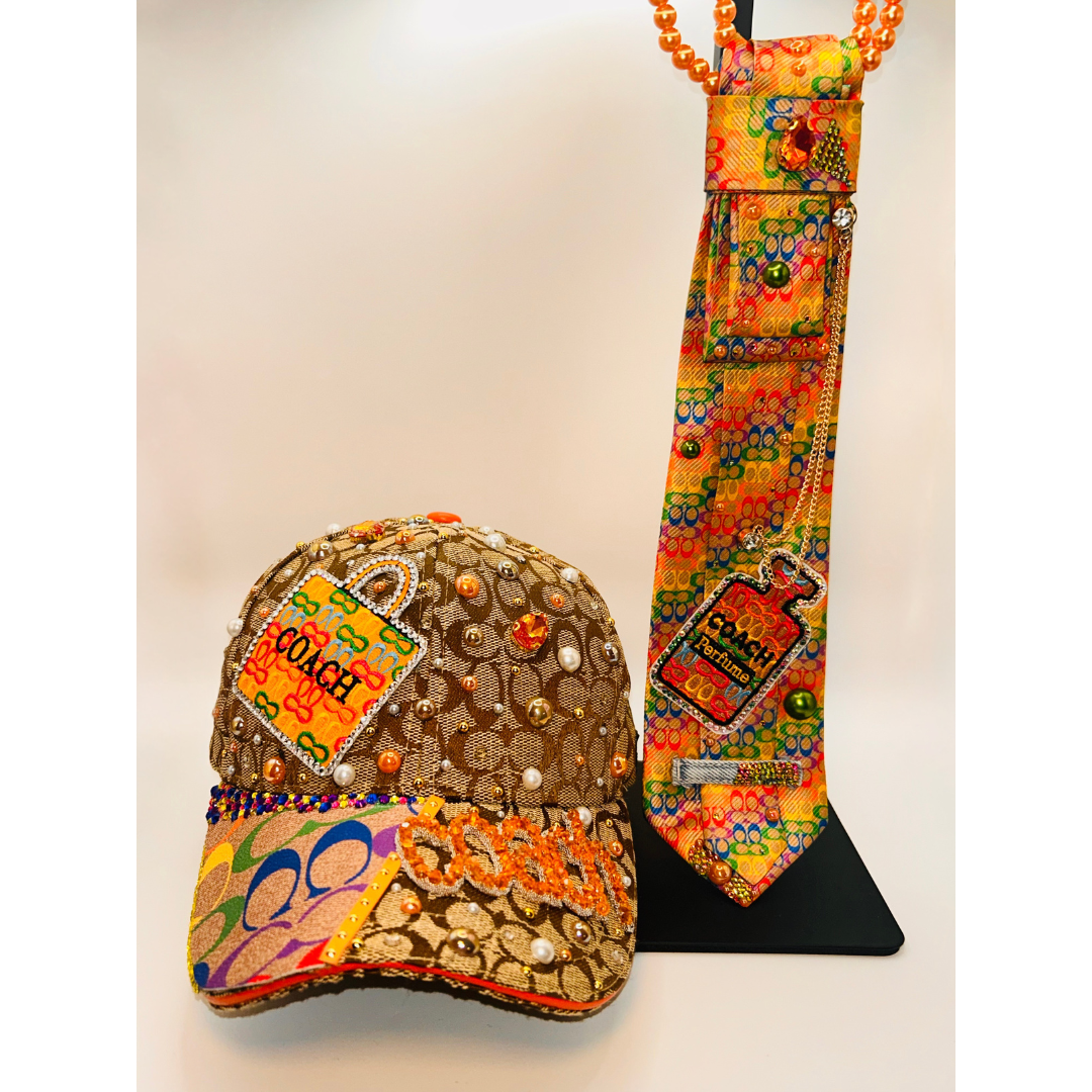 Premade Colorful Junk Trucker Hat & Matching Junk Tie – Patched, Blinged & Pearl Statement Set