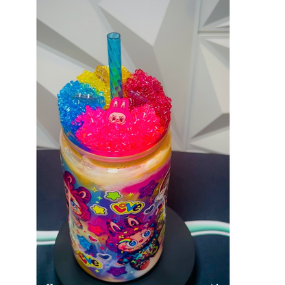 16oz LaBubu Rainbow Cream Snow Globe Tumbler | Charmed Lid