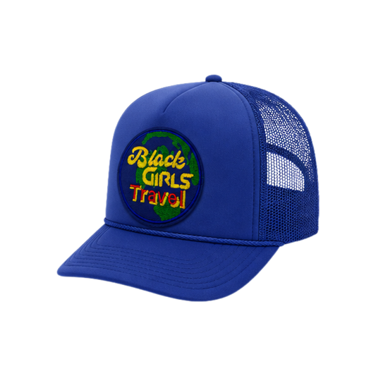 Black Girls Travel Patched  Mesh Hat | Melanin Travel Queen Trucker Cap - Royal Blue