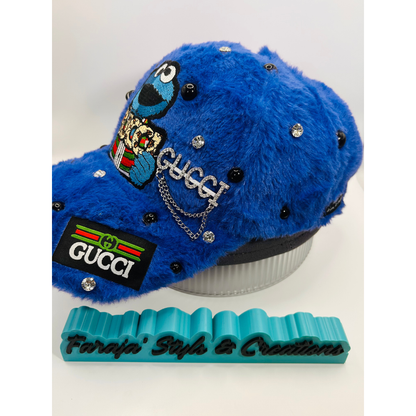 Royal Blue Furry Luxury Cookie Monster Junk Trucker Hat | Luxury Patches, Pins, Rhinestones & Pearls