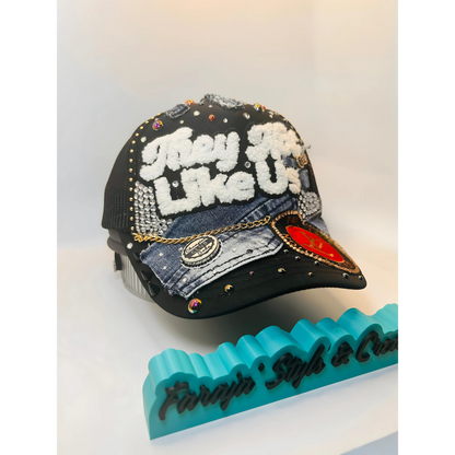 They Not Like Us Custom Junk Trucker Hat | Rhinestones, Patches, Denim & Pearls