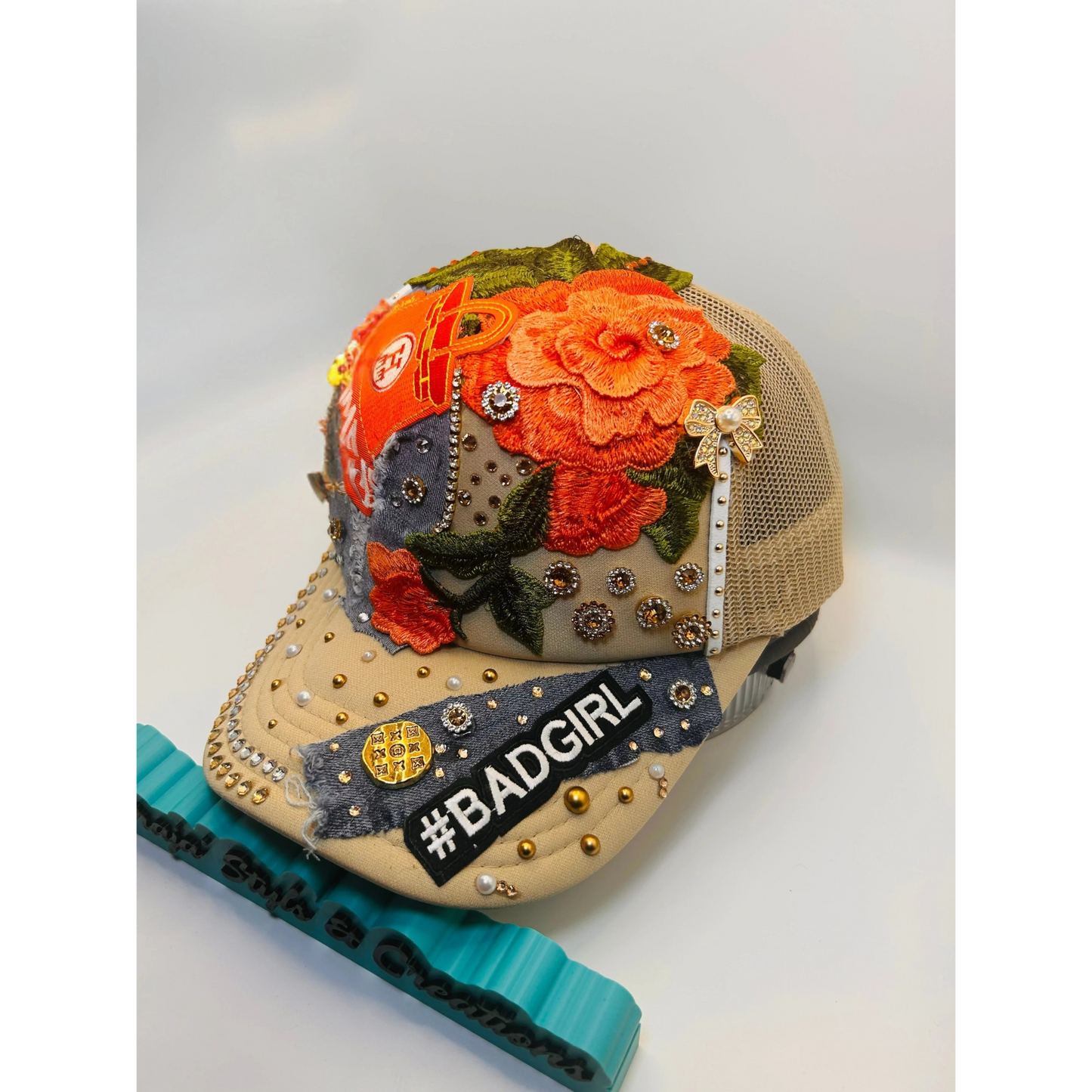 Bad Girl Custom Junk Trucker Hat | Rhinestones, Patches, Denim & Pearls