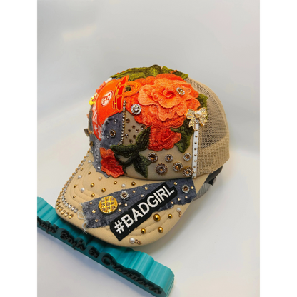 Bad Girl Custom Junk Trucker Hat | Rhinestones, Patches, Denim & Pearls