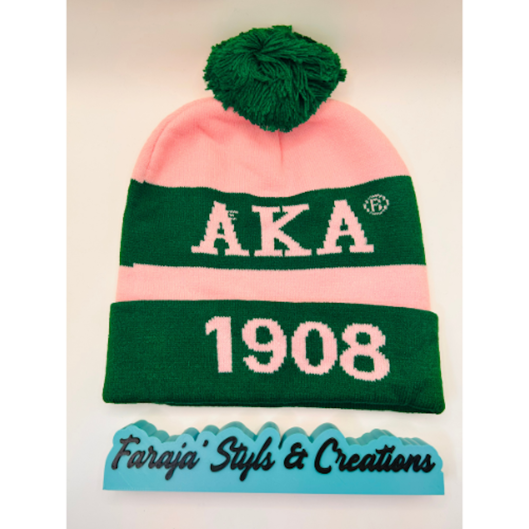 AKA Junk Pink/Green Pom Pom Beanie | Patched, Pinned, Stoned & Pearled | Custom Alpha Kappa Alpha Winter Hat