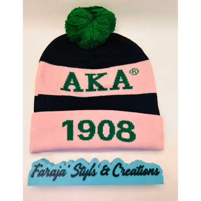 AKA Junk Pink/Black Pom Pom Beanie | Patched, Pinned, Stoned & Pearled | Custom Alpha Kappa Alpha Winter Hat