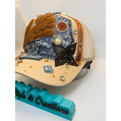 Hustle  Custom Junk Trucker Hat | Rhinestones, Patches, Denim & Pearls