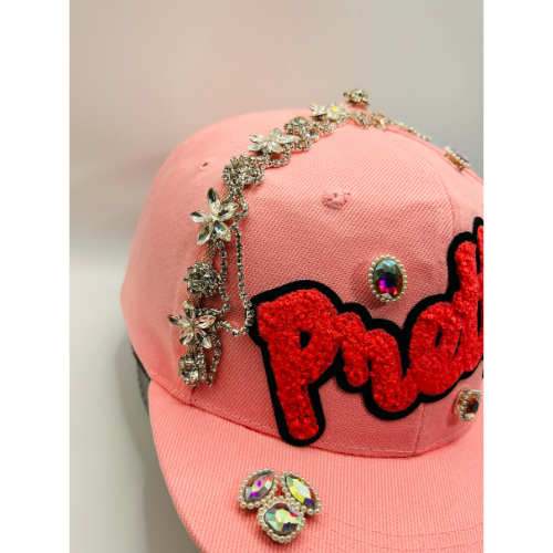 Pink Snapback Hat with Pink Chenille “Pretty” Patch & Clear Crystal Appliqué Trim | Pretty Girl Collection