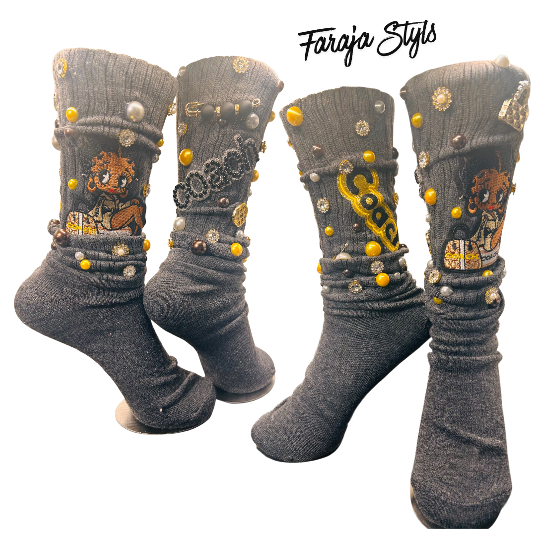 Custom Junk Slotch Socks with Patches, Pearls & Rhinestones | Personalized Glam Socks | Handmade Fashion Statement