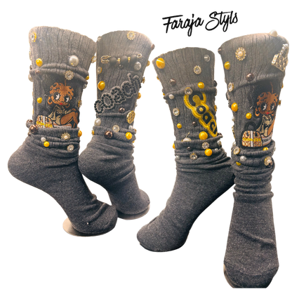 Custom Junk Slotch Socks with Patches, Pearls & Rhinestones | Personalized Glam Socks | Handmade Fashion Statement