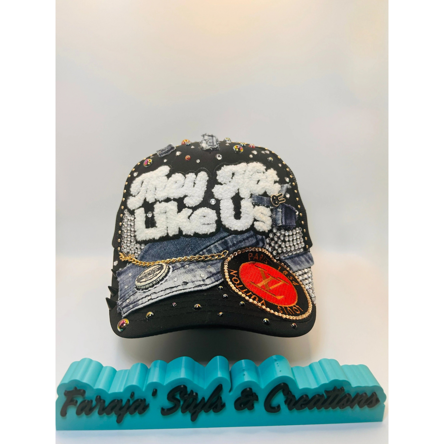 They Not Like Us Custom Junk Trucker Hat | Rhinestones, Patches, Denim & Pearls