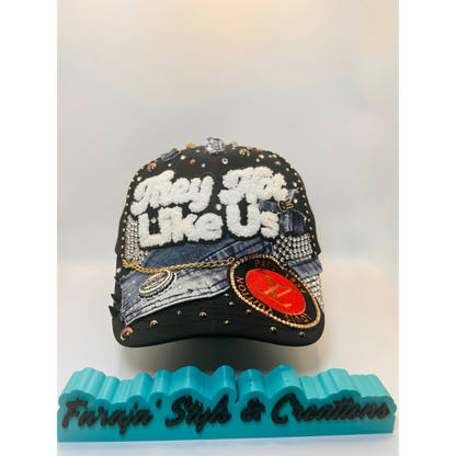 They Not Like Us Custom Junk Trucker Hat | Rhinestones, Patches, Denim & Pearls
