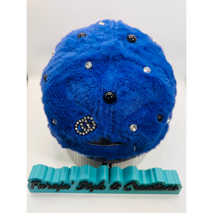 Royal Blue Furry Luxury Cookie Monster Junk Trucker Hat | Luxury Patches, Pins, Rhinestones & Pearls