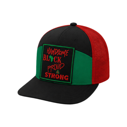 Handsome Black Proud & Strong Patched Snapback Hat | Black Excellence Trucker Cap (No Mesh)