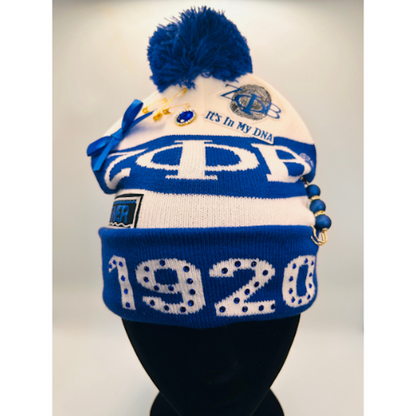 Zeta Phi Beta Junk Pom Pom Beanie | Patched, Pinned, Stoned & Pearled | Custom Zeta Winter Hat