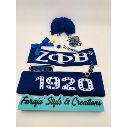 Zeta Phi Beta Junk Pom Pom Beanie | Patched, Pinned, Stoned & Pearled | Custom Zeta Winter Hat