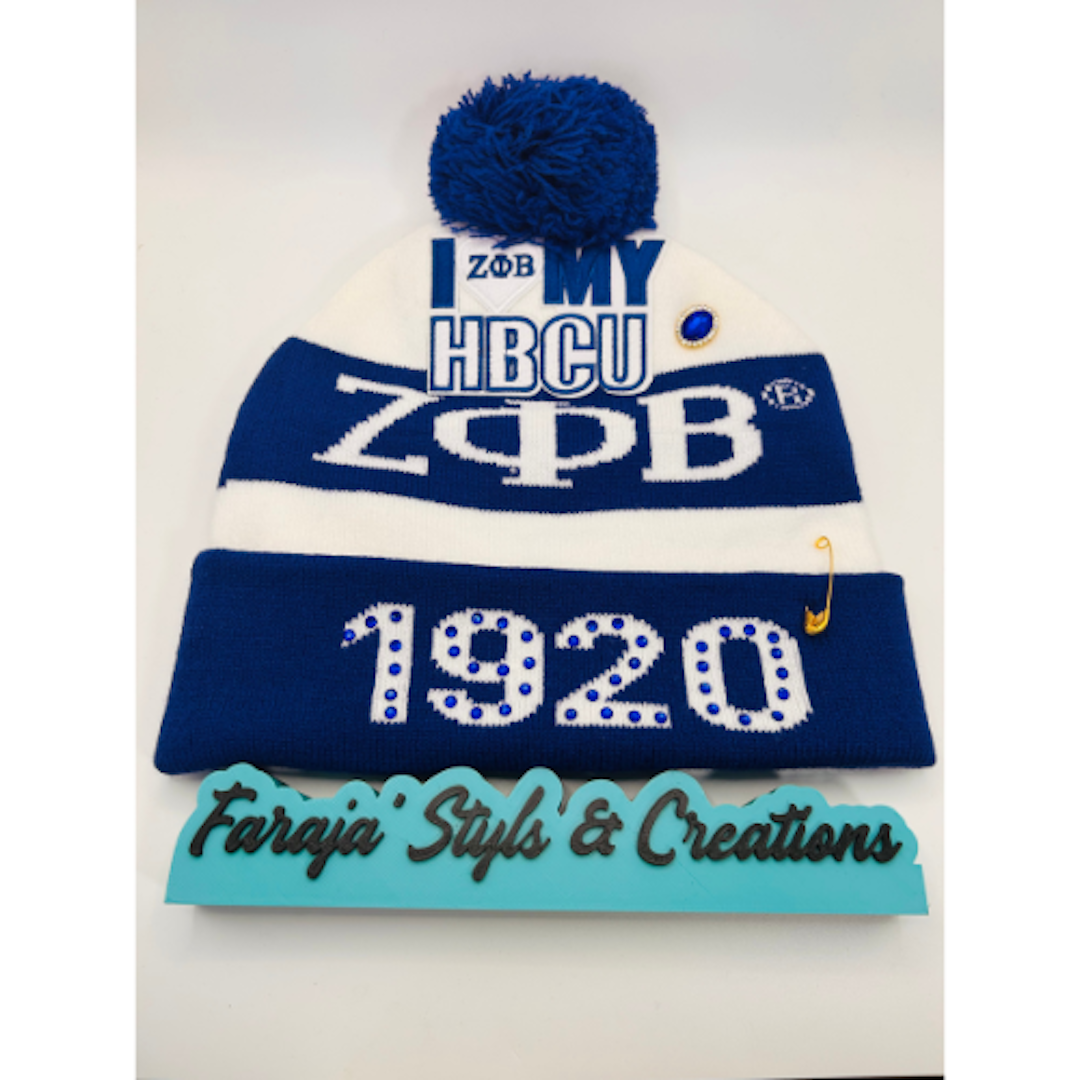 Zeta Phi Beta Junk Pom Pom Beanie | Patched, Pinned, Stoned & Pearled | Custom Zeta Winter Hat