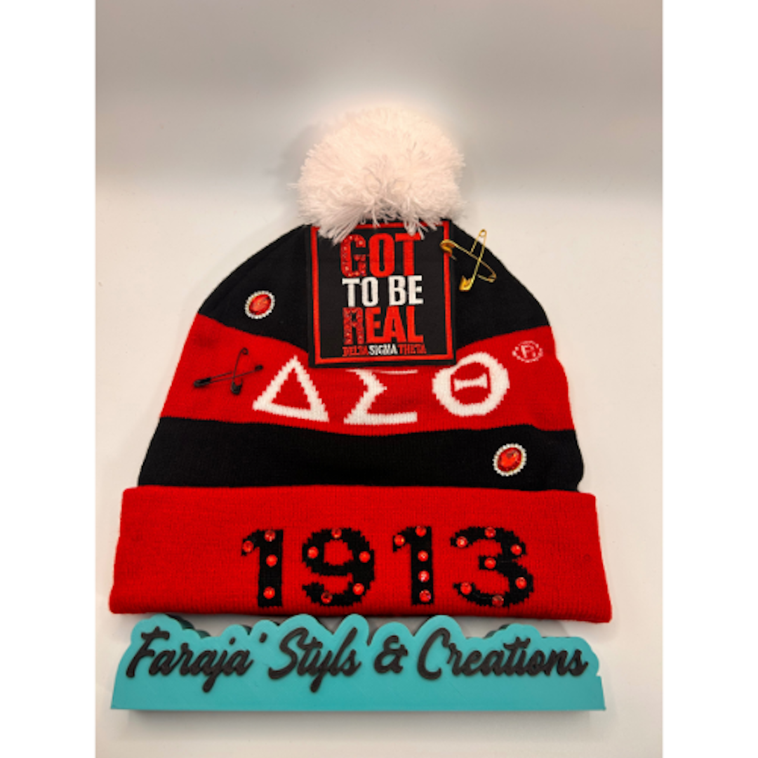 Delta Sigma Theta Junk Red/Black Pom Pom Beanie | Patched, Pinned, Stoned & Pearled | Custom DST Winter Hat