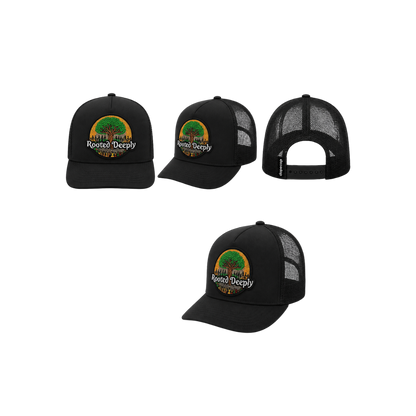 Rooted Deeply Patched Snapback Hat | Faith & Strength Trucker Cap - Black
