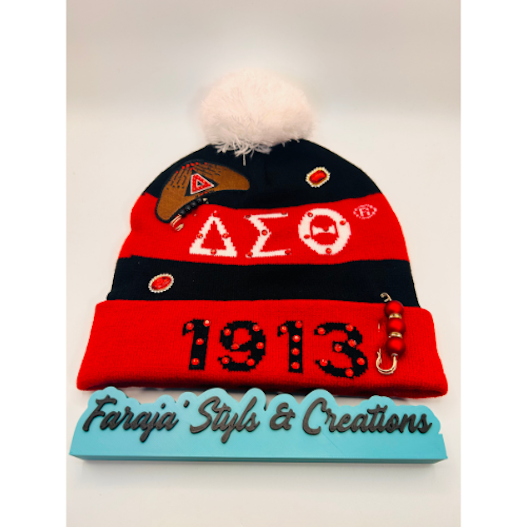 Delta Sigma Theta Junk Red/Black Pom Pom Beanie | Patched, Pinned, Stoned & Pearled | Custom DST Winter Hat
