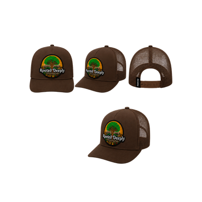 Rooted Deeply Patched Snapback Hat | Faith & Strength Trucker Cap - Brown