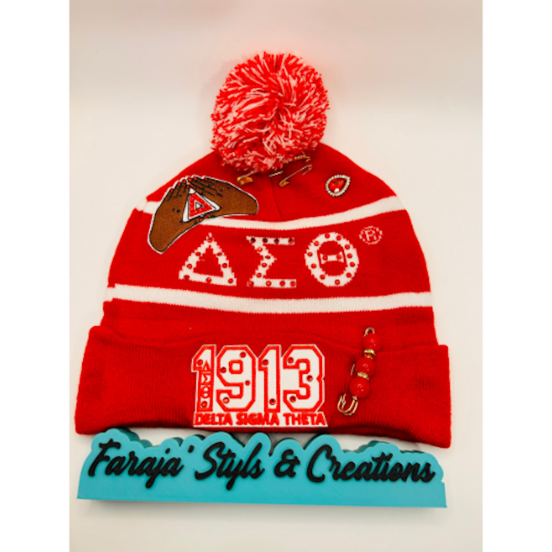 Delta Sigma Theta Junk Red/ White Pom Pom Beanie | Patched, Pinned, Stoned & Pearled | Custom DST Winter Hat