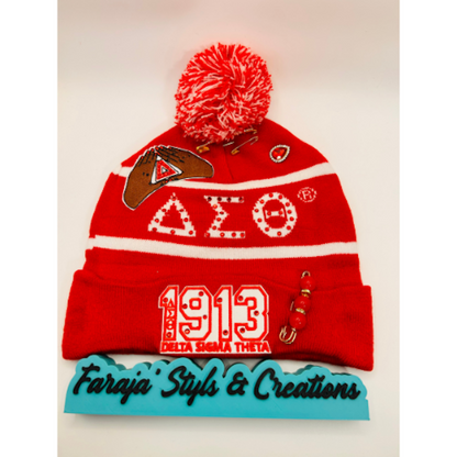 Delta Sigma Theta Junk Red/ White Pom Pom Beanie | Patched, Pinned, Stoned & Pearled | Custom DST Winter Hat