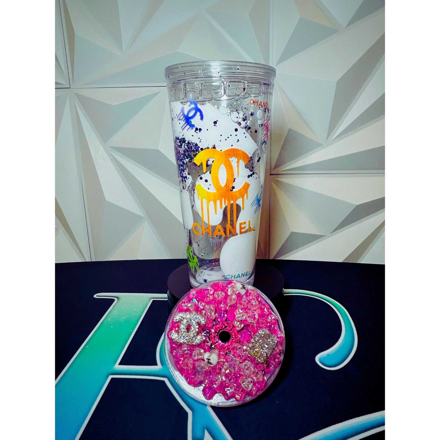 24oz Chanel Coco-Inspired Lava Snow Globe Tumbler | UV DTF Wrap | Iced Luxury Charmed Lid