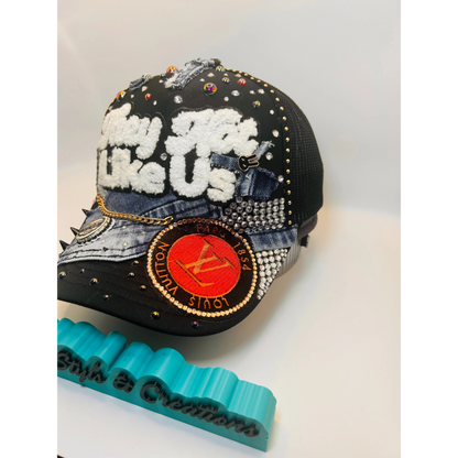 They Not Like Us Custom Junk Trucker Hat | Rhinestones, Patches, Denim & Pearls