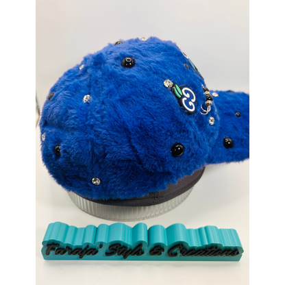 Royal Blue Furry Luxury Cookie Monster Junk Trucker Hat | Luxury Patches, Pins, Rhinestones & Pearls