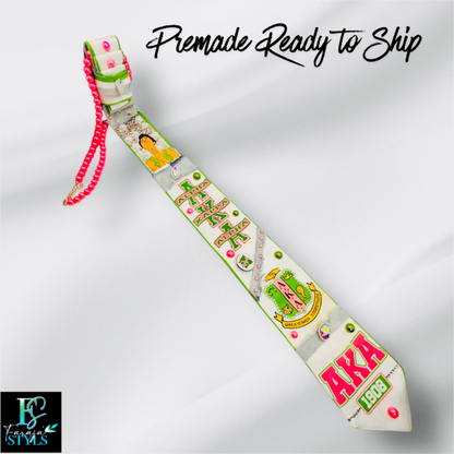 AKA Premade Junk Tie – Alpha Kappa Alpha Statement Tie with Patches, Pins & Bling