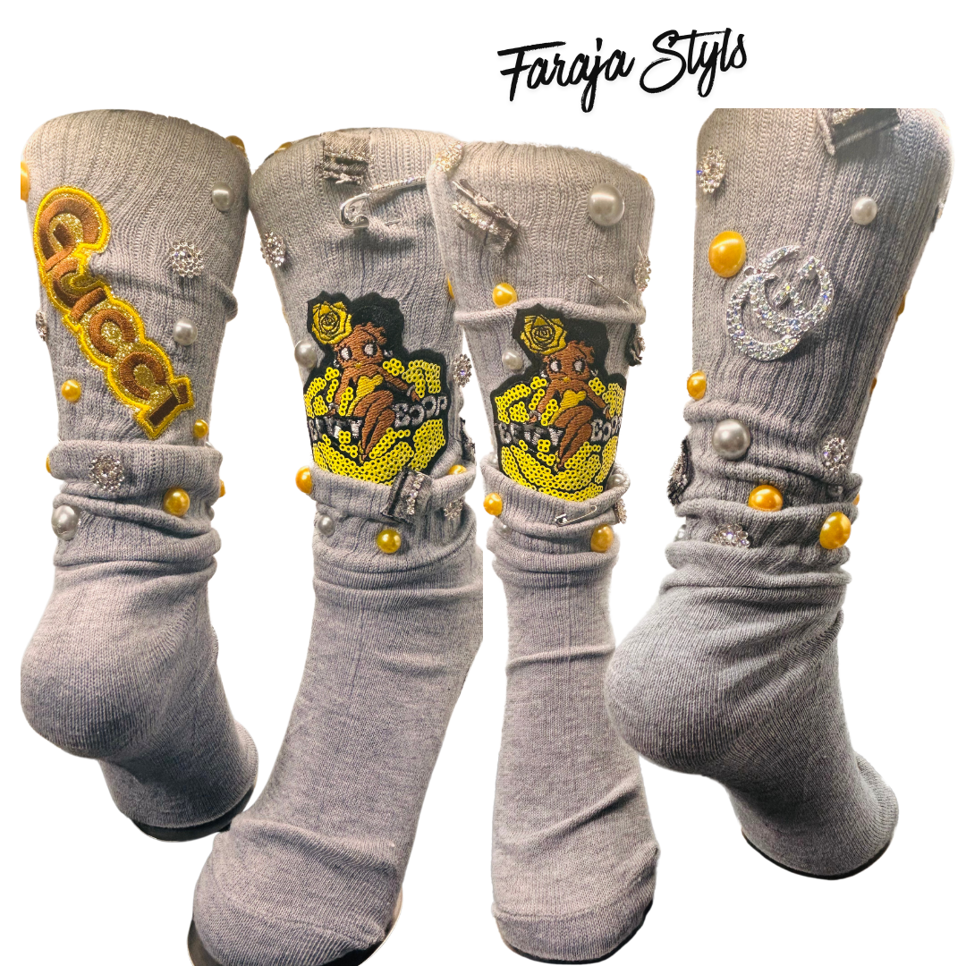 Custom Junk Slotch Socks with Patches, Pearls & Rhinestones | Personalized Glam Socks | Handmade Fashion Statement