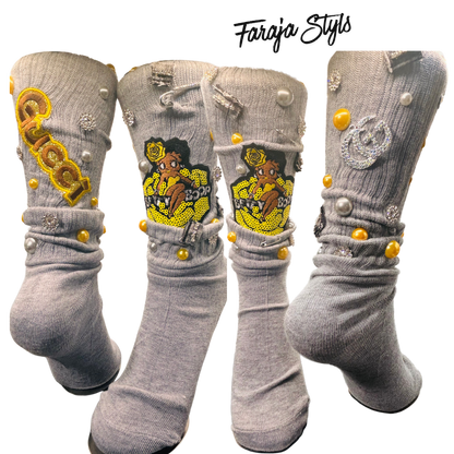 Custom Junk Slotch Socks with Patches, Pearls & Rhinestones | Personalized Glam Socks | Handmade Fashion Statement