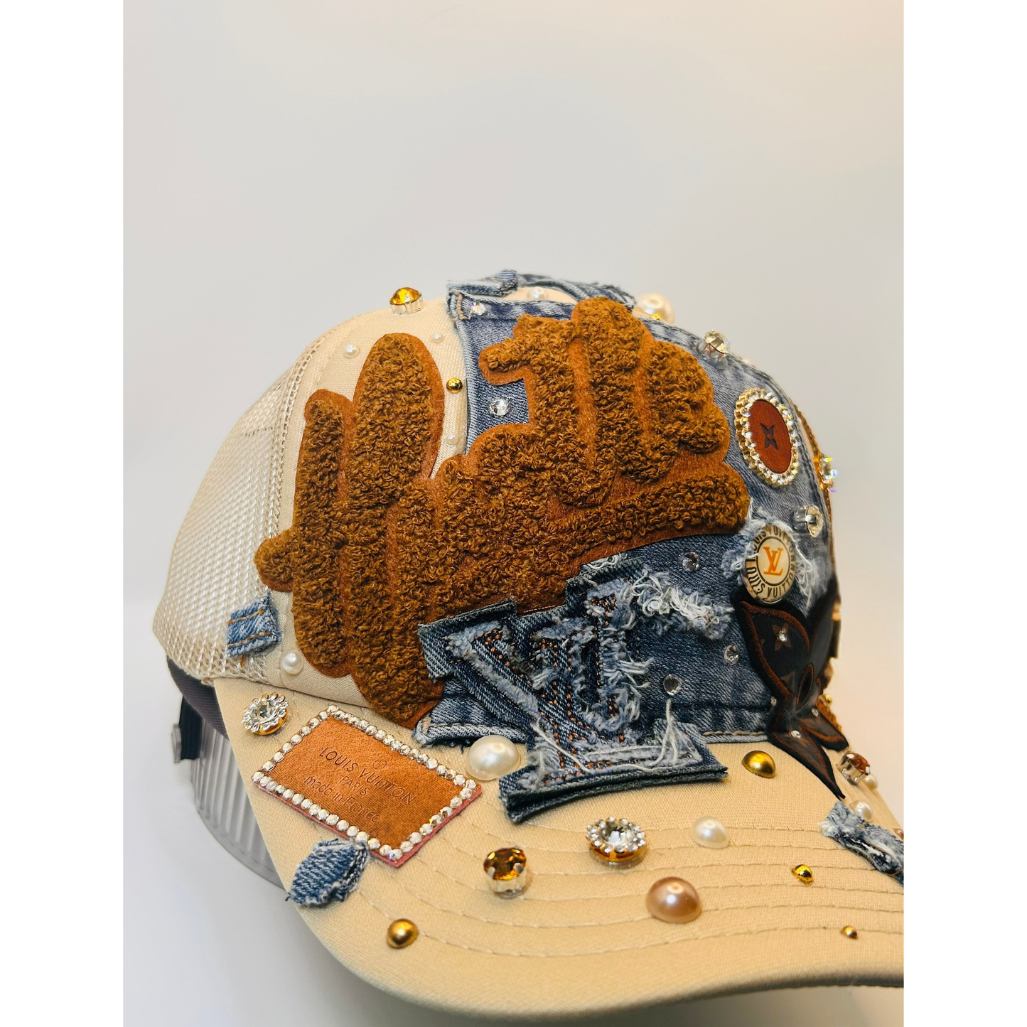 Hustle  Custom Junk Trucker Hat | Rhinestones, Patches, Denim & Pearls