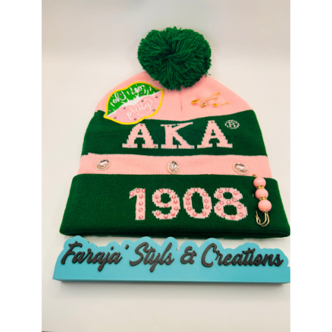 AKA Junk Pink/Green Pom Pom Beanie | Patched, Pinned, Stoned & Pearled | Custom Alpha Kappa Alpha Winter Hat