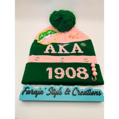 AKA Junk Pink/Green Pom Pom Beanie | Patched, Pinned, Stoned & Pearled | Custom Alpha Kappa Alpha Winter Hat