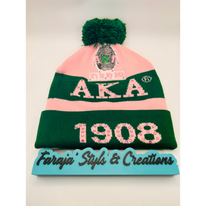 AKA Junk Pink/Green Pom Pom Beanie | Patched, Pinned, Stoned & Pearled | Custom Alpha Kappa Alpha Winter Hat