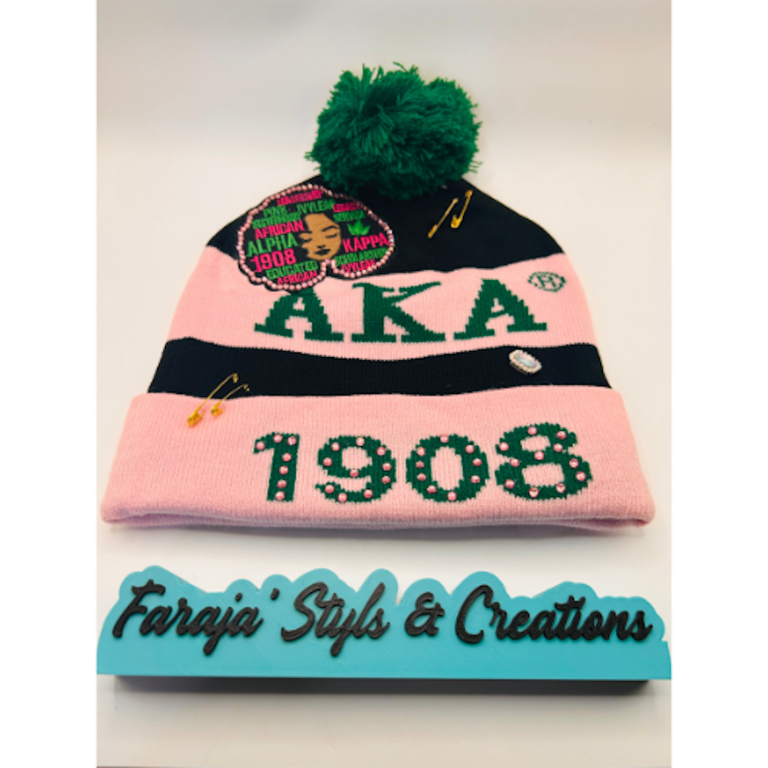 AKA Junk Pink/Black Pom Pom Beanie | Patched, Pinned, Stoned & Pearled | Custom Alpha Kappa Alpha Winter Hat