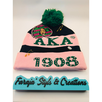 AKA Junk Pink/Black Pom Pom Beanie | Patched, Pinned, Stoned & Pearled | Custom Alpha Kappa Alpha Winter Hat
