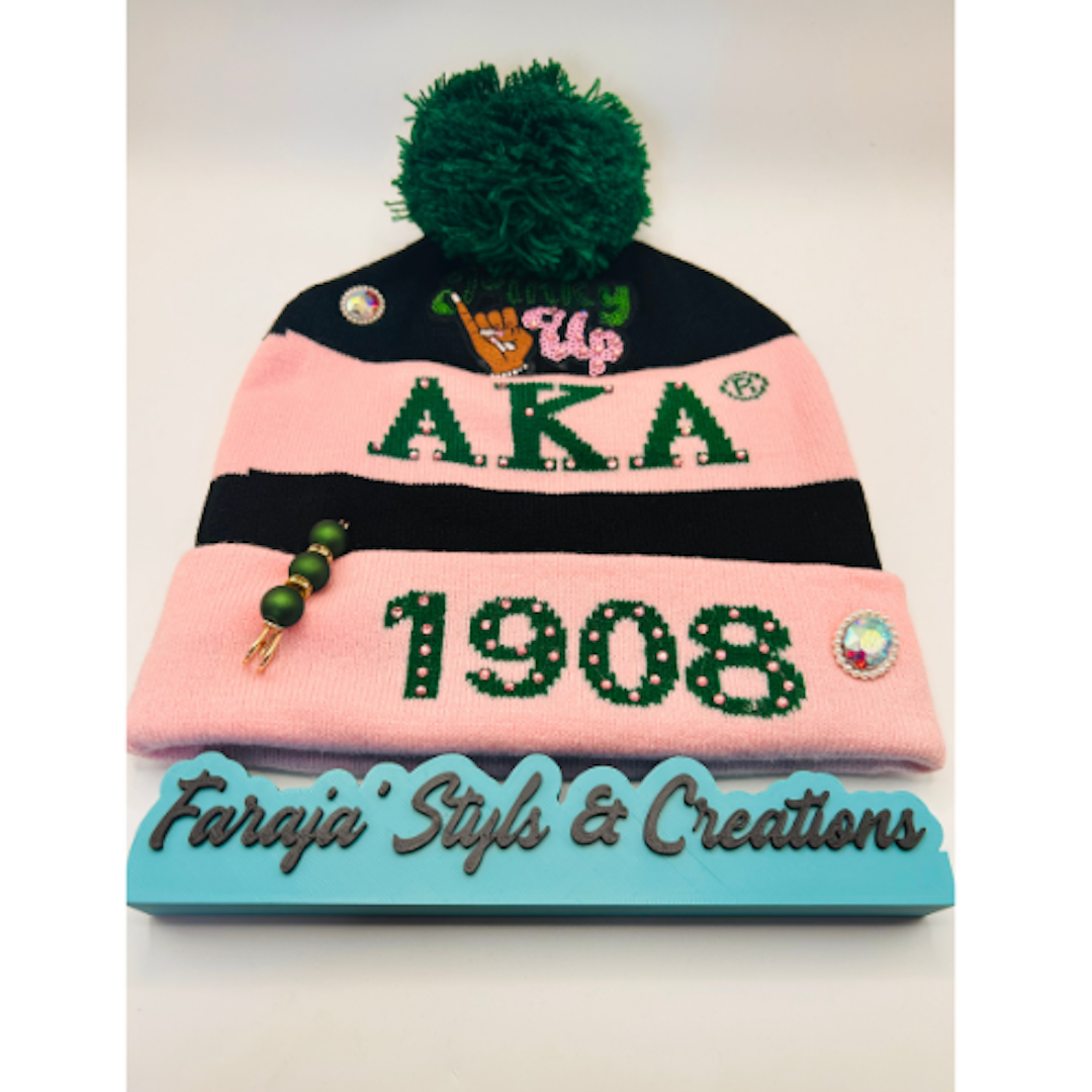 AKA Junk Pink/Black Pom Pom Beanie | Patched, Pinned, Stoned & Pearled | Custom Alpha Kappa Alpha Winter Hat