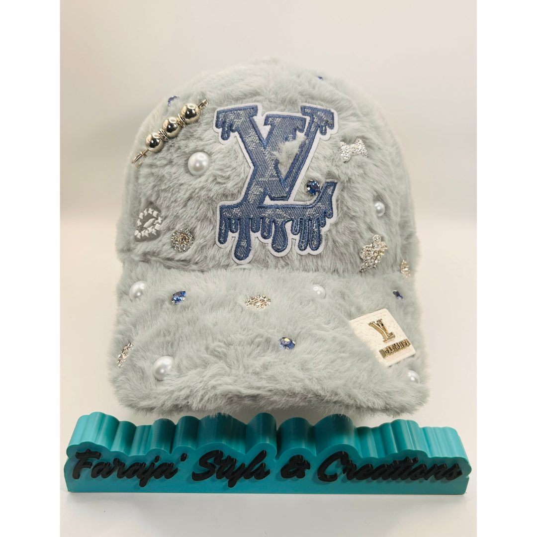 Silver Furry Luxury Junk Trucker Hat | Patches, Pins, Rhinestones & Pearls Brooches