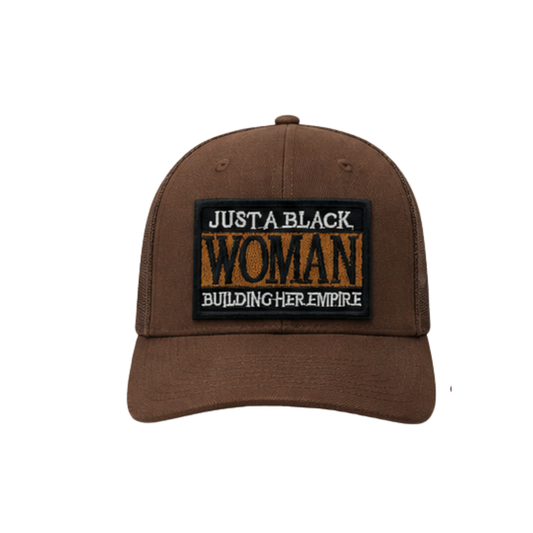 Just A Black Woman Building Her Empire Patched Hat - Boss Babe Canvas Trucker Hat - Brown