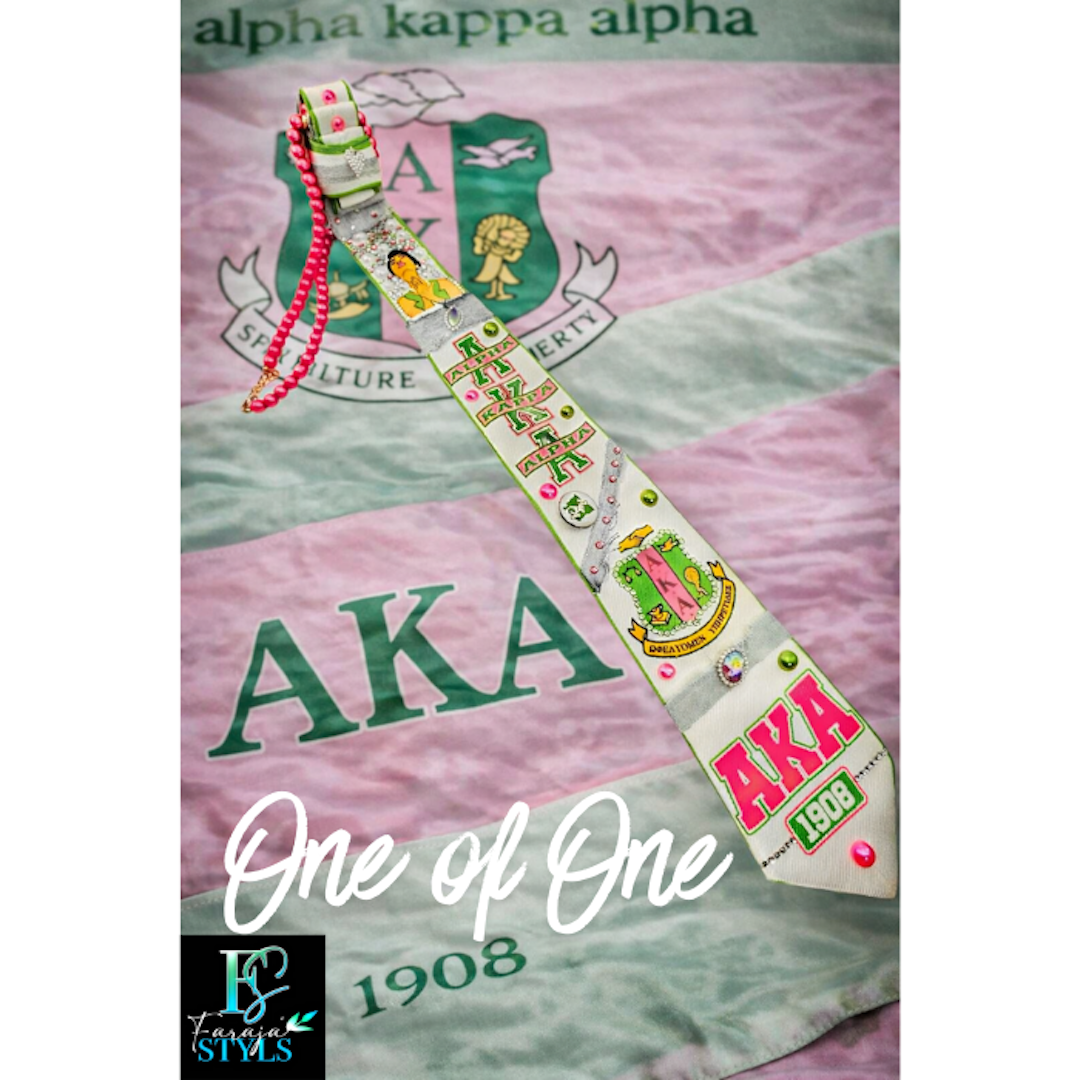 AKA Premade Junk Tie – Alpha Kappa Alpha Statement Tie with Patches, Pins & Bling
