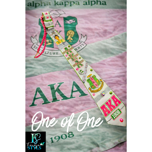 AKA Premade Junk Tie – Alpha Kappa Alpha Statement Tie with Patches, Pins & Bling
