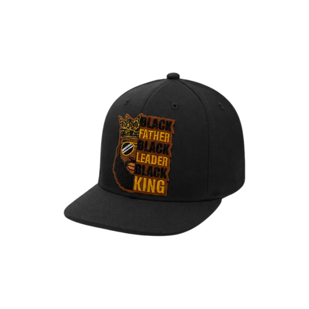 Black Father Leader King Patched Snapback Hat | Black Dad Pride Trucker Cap- Black