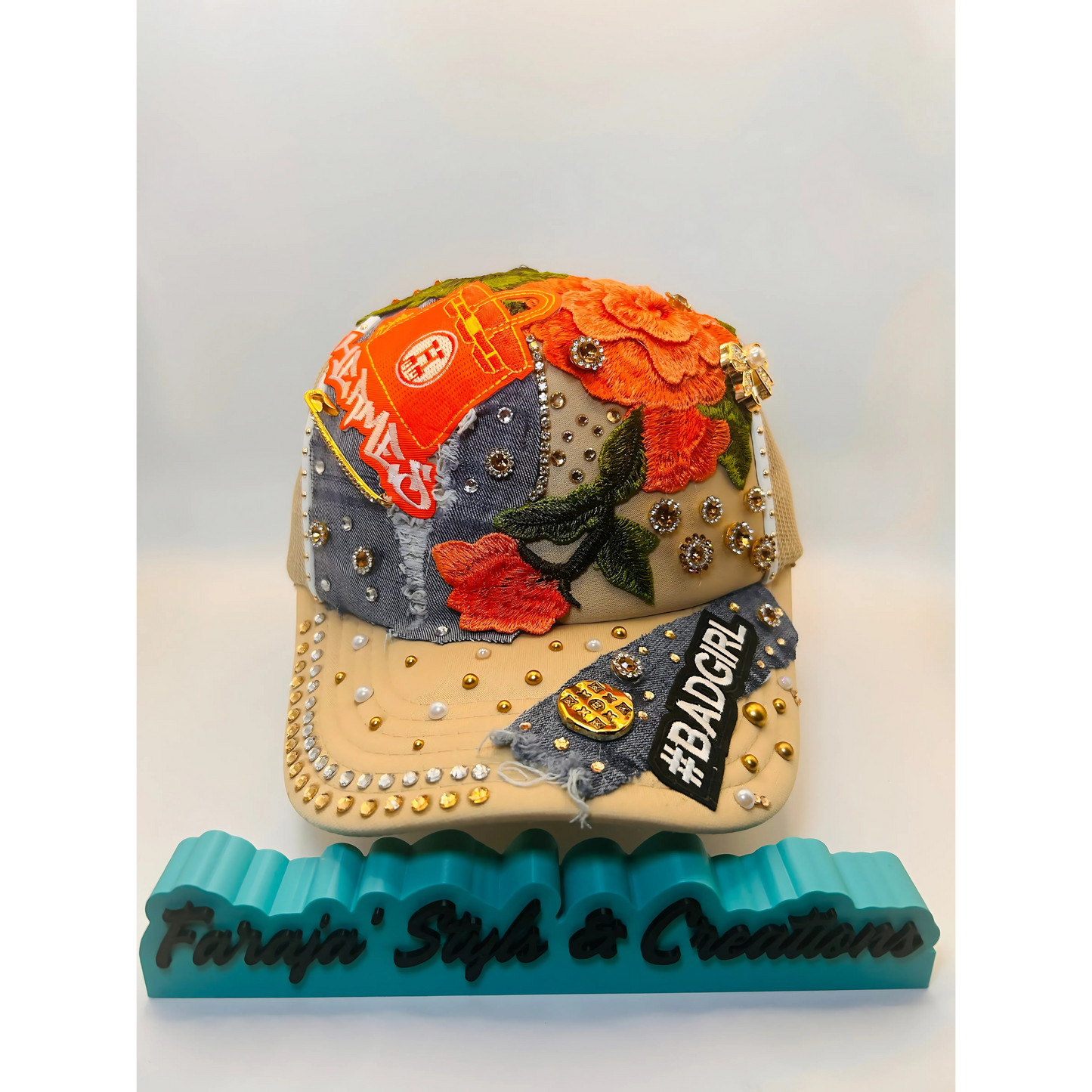 Bad Girl Custom Junk Trucker Hat | Rhinestones, Patches, Denim & Pearls