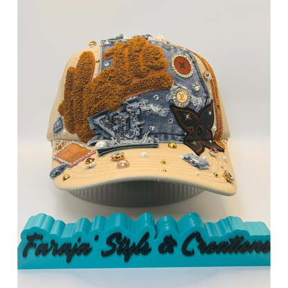 Hustle  Custom Junk Trucker Hat | Rhinestones, Patches, Denim & Pearls