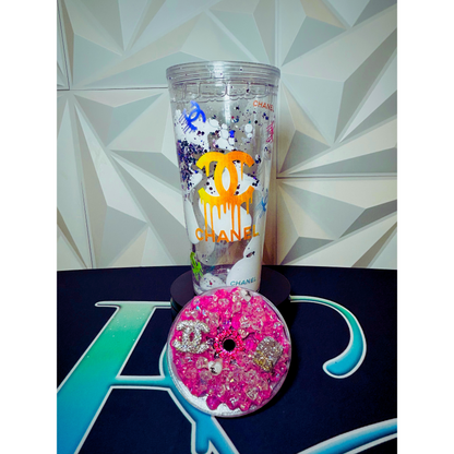 24oz Chanel Coco-Inspired Lava Snow Globe Tumbler | UV DTF Wrap | Iced Luxury Charmed Lid