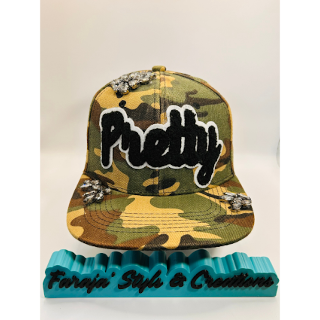 Camo Snapback Hat with Black Chenille “Pretty” Patch & Black/Gray Crystal Appliqué | Pretty Girl Collection