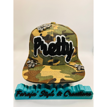 Camo Snapback Hat with Black Chenille “Pretty” Patch & Black/Gray Crystal Appliqué | Pretty Girl Collection